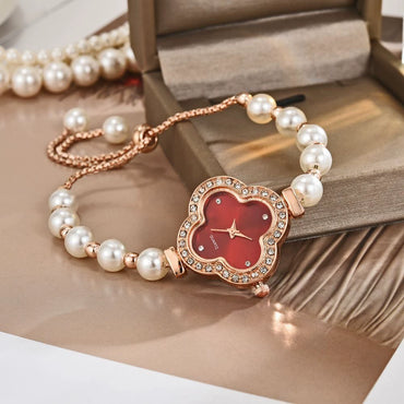 Student Watch Alloy Four Leaf Clover Pearl Decorated Gold Buckle