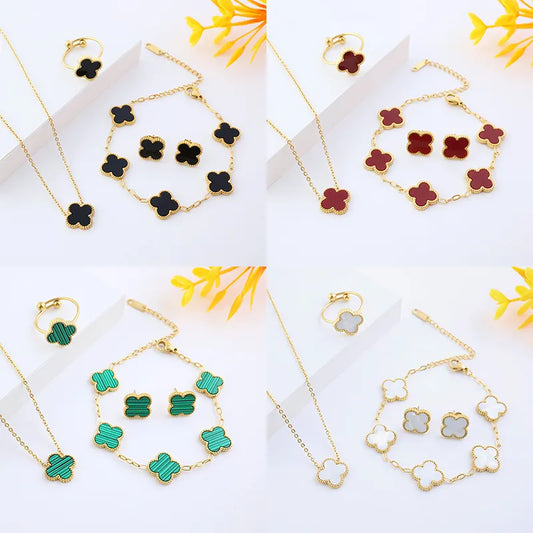 Wholesale Jewelry Elegant Lady Modern Style Four Leaf Clover 304 Stainless Steel Acrylic 18K Gold Plated Jewelry Set