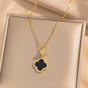 Titanium Steel Microinlaid Lucky Grass Necklace Earrings Set With Vacuum Furnace Electroplating Flower Pattern And Light Luxury Style