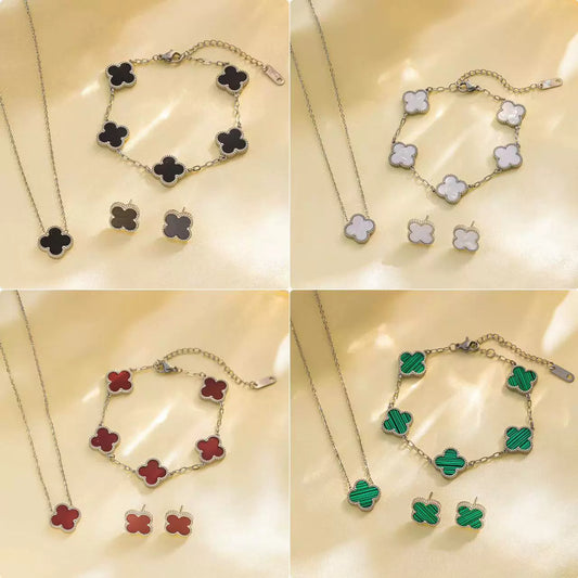 Women's Titanium Steel Fourleaf Clover Necklace Bracelet Earrings Threepiece Set With Mixed Gemstone Inlay And Vacuum Furnace Electroplating Geometric Letters Numbers Text Pattern