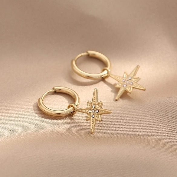 1 Pair Retro Circle Star Inlay Stainless Steel Zircon Drop Earrings