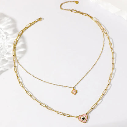 1 Elegant Real Gold Electroplating Oil Dripping Candy Color Flower Love Multi-layer Necklace All-match Stainless Steel Imitation Fade Double-layer Clavicle Chain