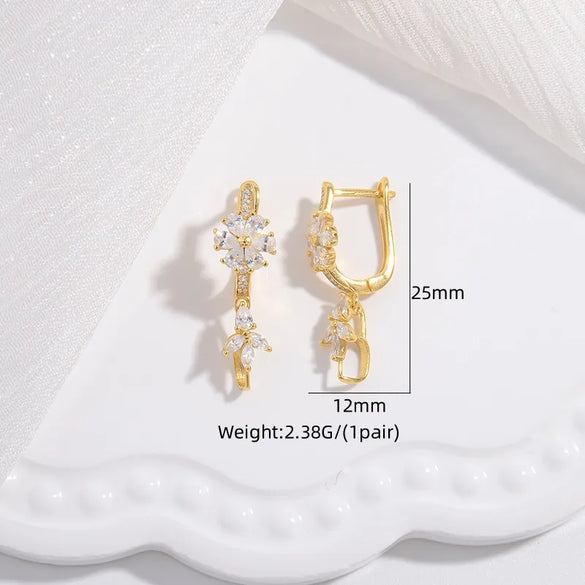 1 Pair 22K Gold Plated Rhodium Plated Sterling Silver Zircon Flower Drop Earrings