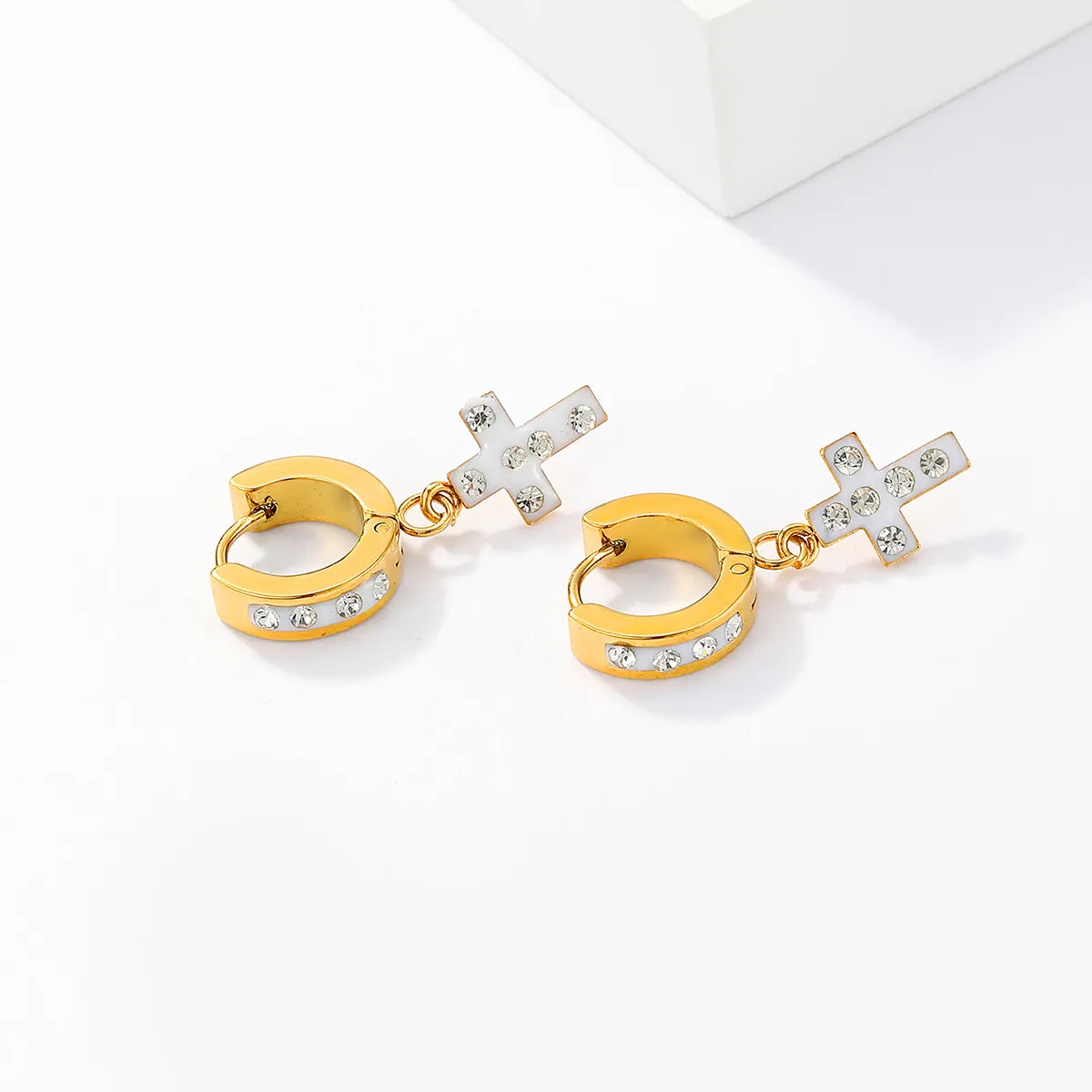 1 Pair Artistic Cross Plating Inlay Stainless Steel Rhinestones 18K Gold Plated Drop Earrings