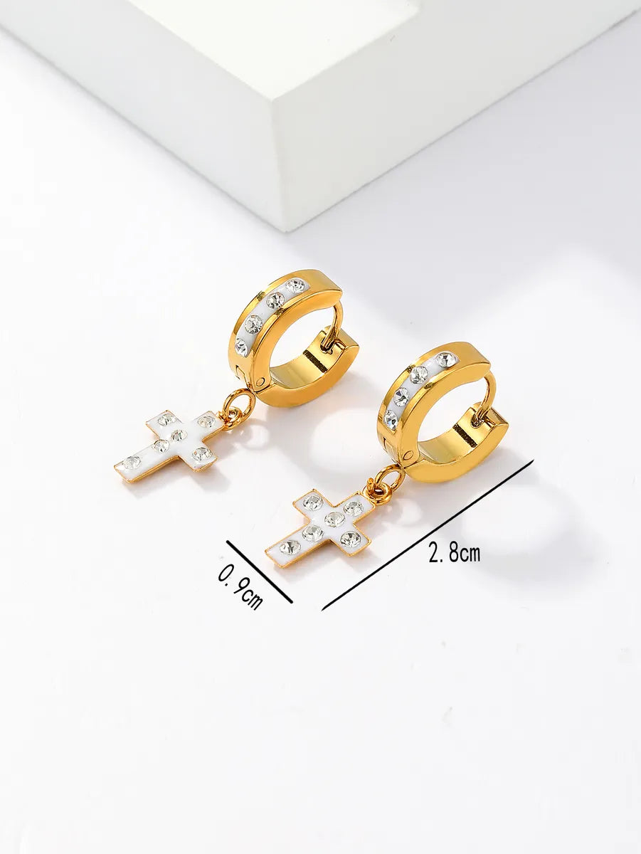 1 Pair Artistic Cross Plating Inlay Stainless Steel Rhinestones 18K Gold Plated Drop Earrings