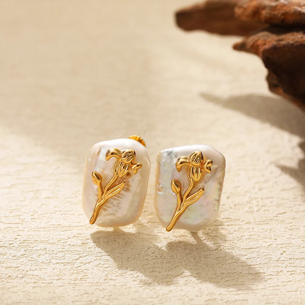 1 Pair Baroque Style Modern Style Classic Style Flower Inlay 304 Stainless Steel Pearl Ear Studs