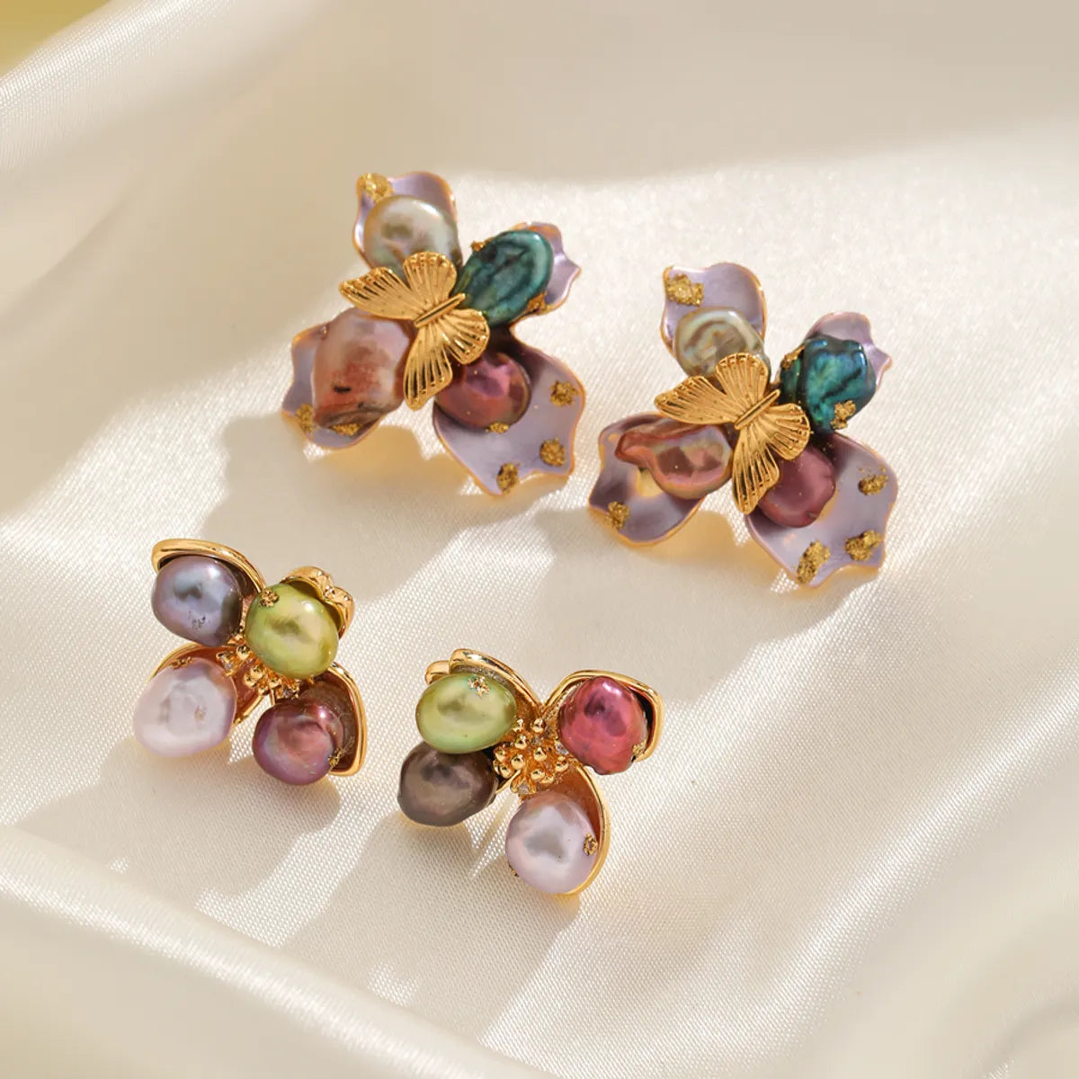 1 Pair Baroque Style Romantic Flower Inlay Copper Zinc Alloy Freshwater Pearl 18K Gold Plated Ear Studs