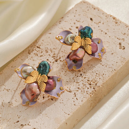 1 Pair Baroque Style Romantic Flower Inlay Copper Zinc Alloy Freshwater Pearl 18K Gold Plated Ear Studs