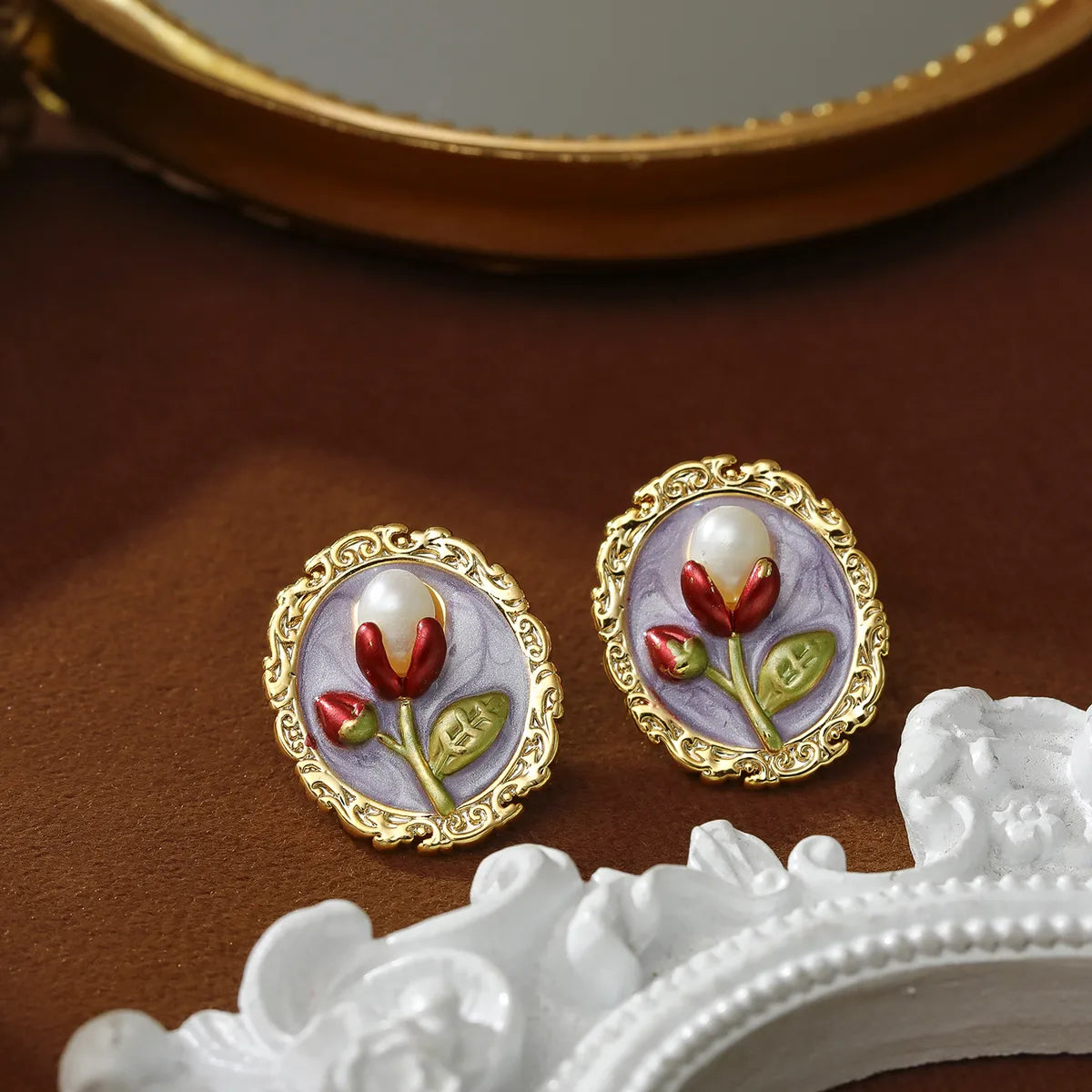 1 Pair Baroque Style Sweet Streetwear Flower Enamel Plating Inlay Copper Freshwater Pearl 18K Gold Plated Ear Studs