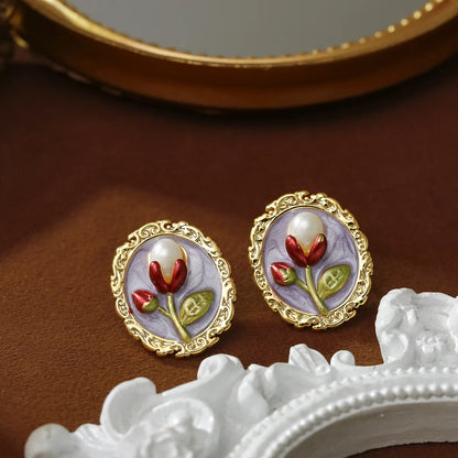 1 Pair Baroque Style Sweet Streetwear Flower Enamel Plating Inlay Copper Freshwater Pearl 18K Gold Plated Ear Studs