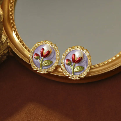 1 Pair Baroque Style Sweet Streetwear Flower Enamel Plating Inlay Copper Freshwater Pearl 18K Gold Plated Ear Studs