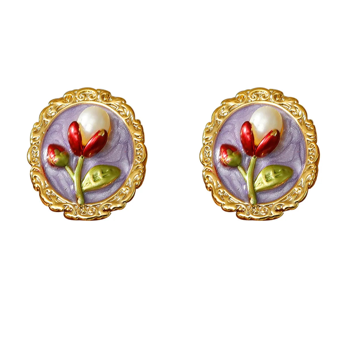 1 Pair Baroque Style Sweet Streetwear Flower Enamel Plating Inlay Copper Freshwater Pearl 18K Gold Plated Ear Studs