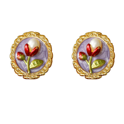 1 Pair Baroque Style Sweet Streetwear Flower Enamel Plating Inlay Copper Freshwater Pearl 18K Gold Plated Ear Studs