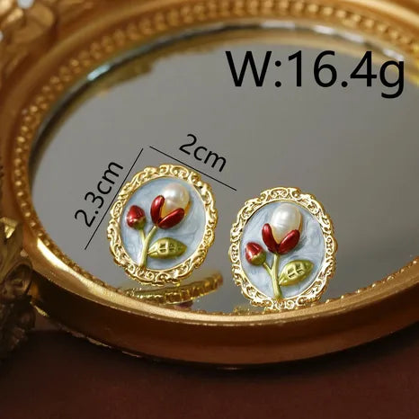 1 Pair Baroque Style Sweet Streetwear Flower Enamel Plating Inlay Copper Freshwater Pearl 18K Gold Plated Ear Studs