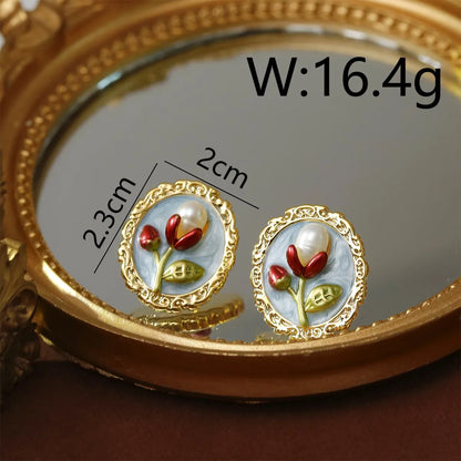 1 Pair Baroque Style Sweet Streetwear Flower Enamel Plating Inlay Copper Freshwater Pearl 18K Gold Plated Ear Studs