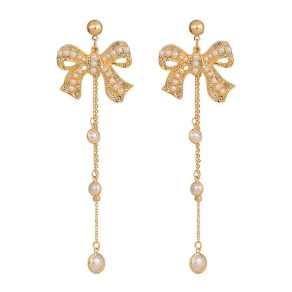 1 Pair Basic Geometric Bow Knot Tassel Plating Inlay Alloy Rhinestones Pearl Drop Earrings