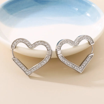 1 Pair Basic Heart Shape Inlay Titanium Steel Zircon Earrings