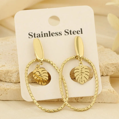 1 Pair Basic Leaves Plating Hollow Out Stainless Steel Gold Plated Drop Earrings