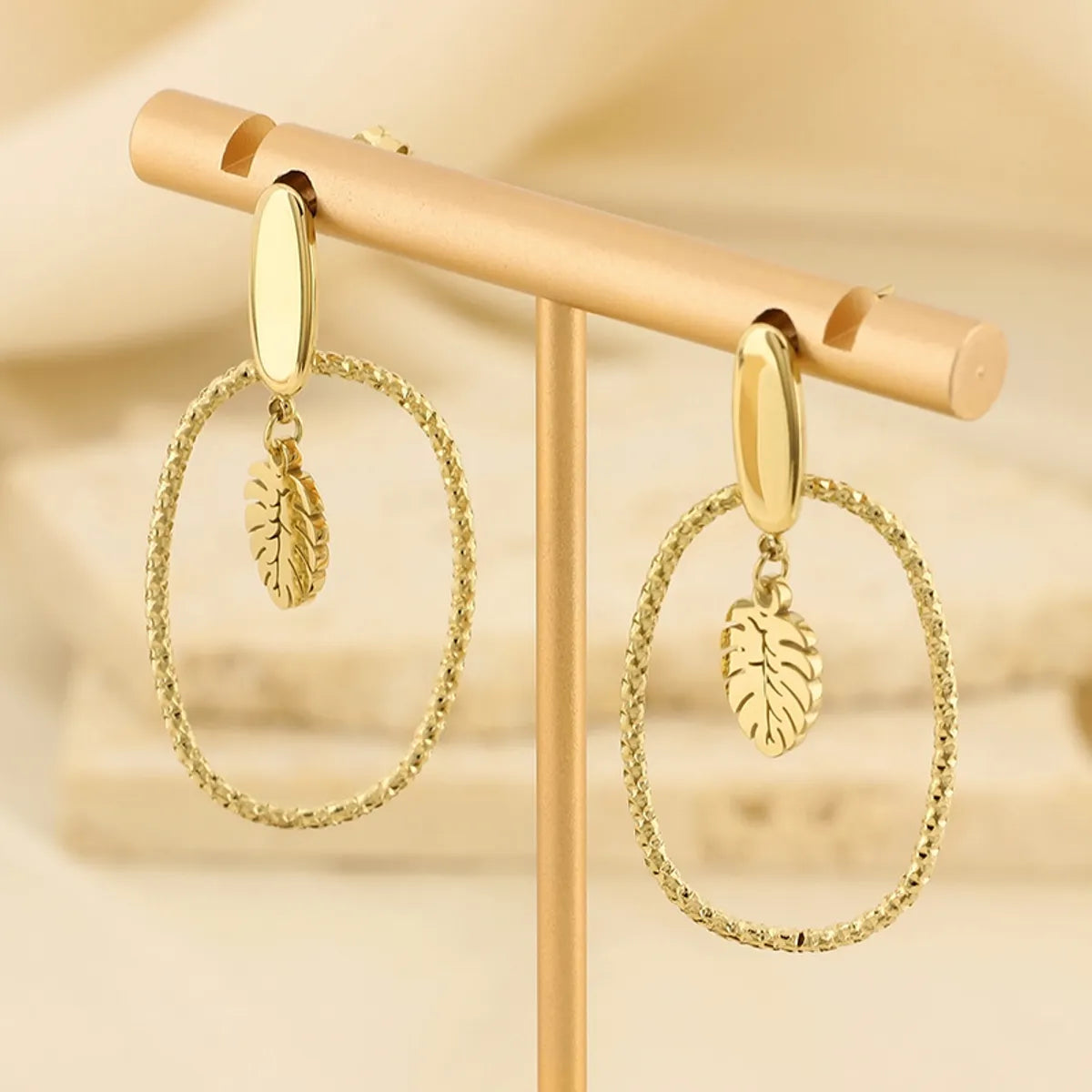 1 Pair Basic Leaves Plating Hollow Out Stainless Steel Gold Plated Drop Earrings