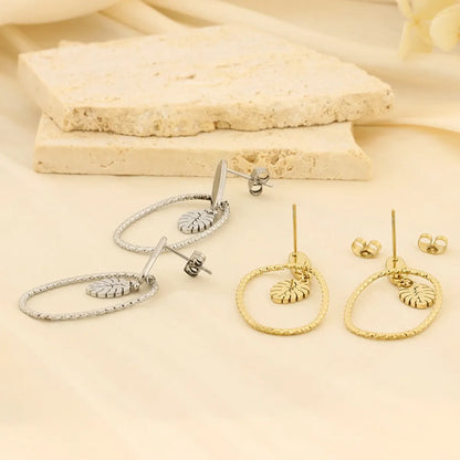 1 Pair Basic Leaves Plating Hollow Out Stainless Steel Gold Plated Drop Earrings