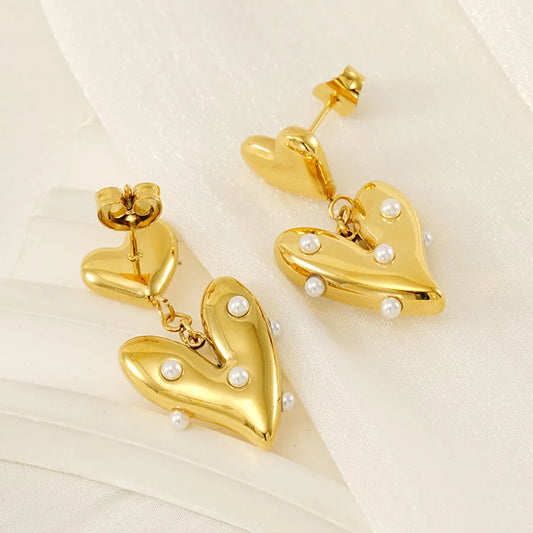 1 Pair Basic Modern Style Classic Style Heart Shape Plating Inlay 304 Stainless Steel Artificial Pearls 18K Gold Plated Drop Earrings