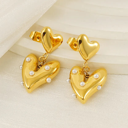 1 Pair Basic Modern Style Classic Style Heart Shape Plating Inlay 304 Stainless Steel Artificial Pearls 18K Gold Plated Drop Earrings