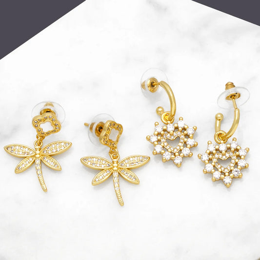 1 Pair Basic Modern Style Heart Shape Dragonfly Plating Inlay Copper Zircon 18k Gold Plated Drop Earrings