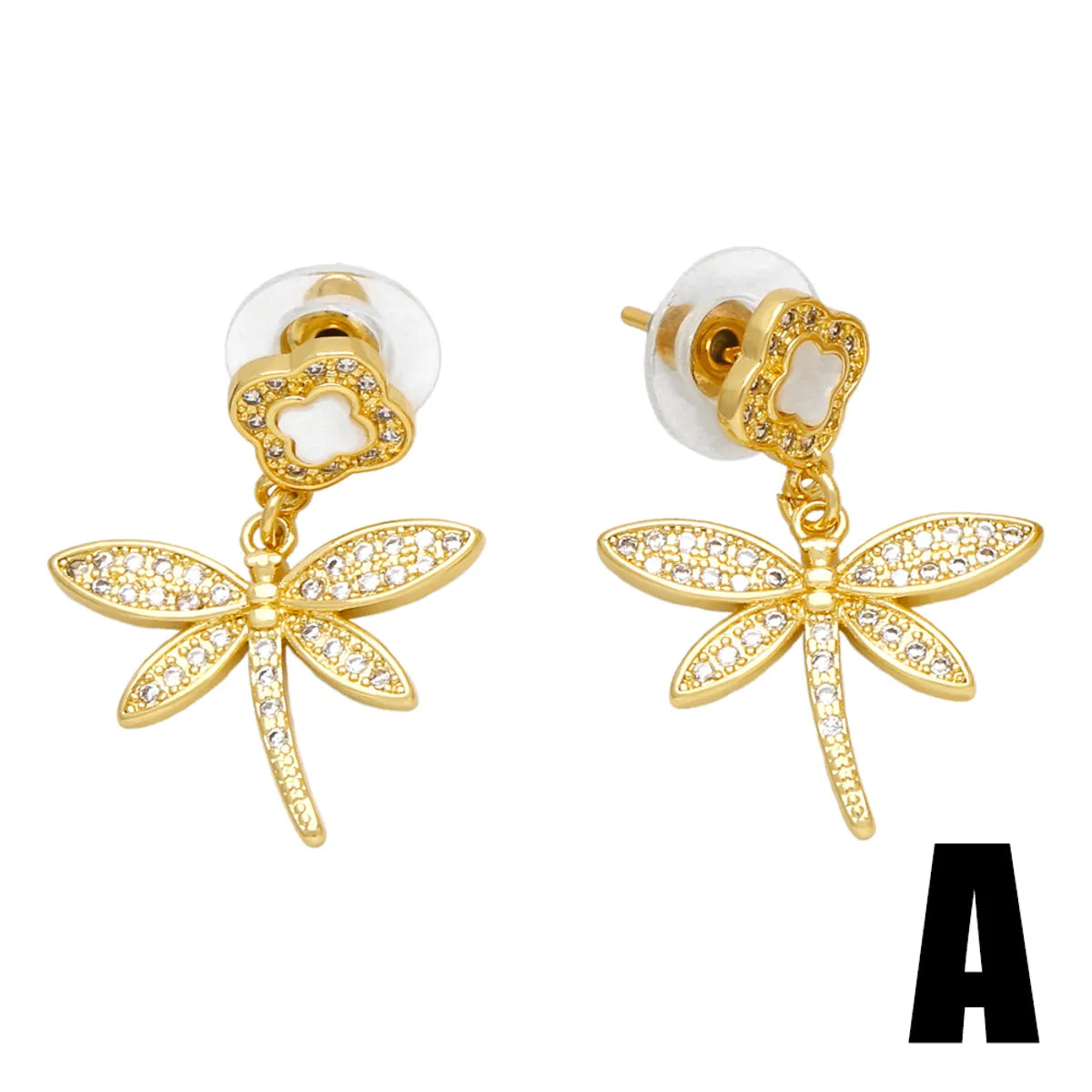 1 Pair Basic Modern Style Heart Shape Dragonfly Plating Inlay Copper Zircon 18k Gold Plated Drop Earrings