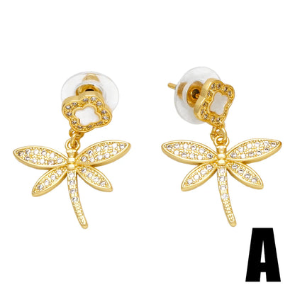 1 Pair Basic Modern Style Heart Shape Dragonfly Plating Inlay Copper Zircon 18k Gold Plated Drop Earrings