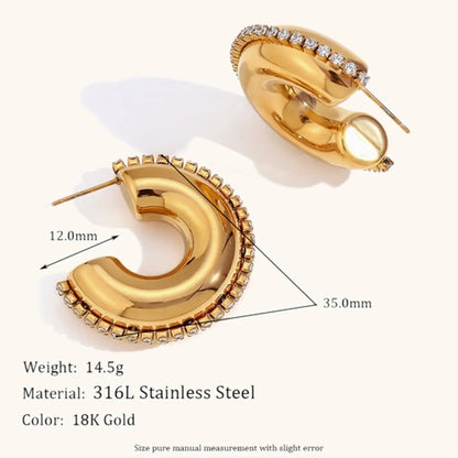 1 Pair Basic Retro C Shape Plating Inlay Stainless Steel Zircon 18k Gold Plated Ear Studs