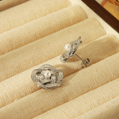 1 Pair Basic Vintage Style Commute Flower Plating Inlay 304 Stainless Steel Artificial Pearls 18K Gold Plated Ear Studs