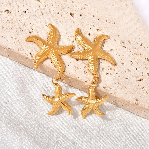 1 Pair Beach Starfish Shell Plating 304 Stainless Steel 18K Gold Plated Drop Earrings