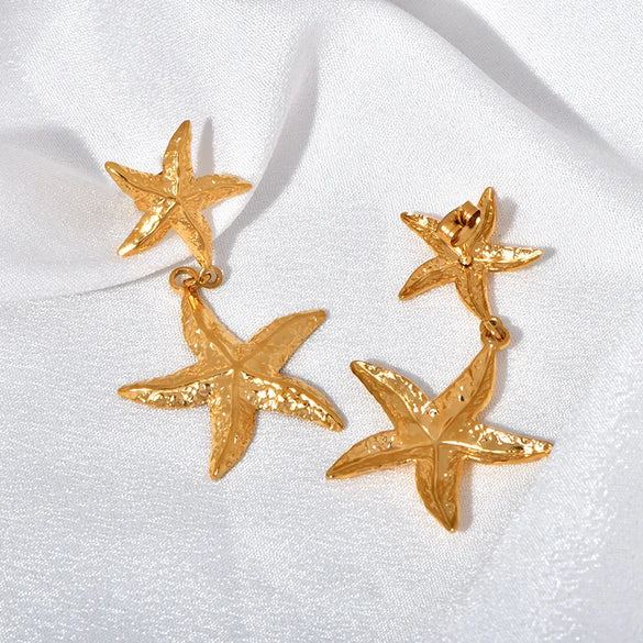 1 Pair Beach Starfish Shell Plating 304 Stainless Steel 18K Gold Plated Drop Earrings