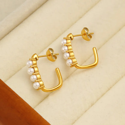 1 Pair Beach Sweet C Shape Inlay 304 Stainless Steel 316 Stainless Steel  Glass Pearl 18K Gold Plated Ear Studs