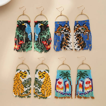 1 Pair Bohemian Animal Tree Beaded Tassel Seed Bead Drop Earrings