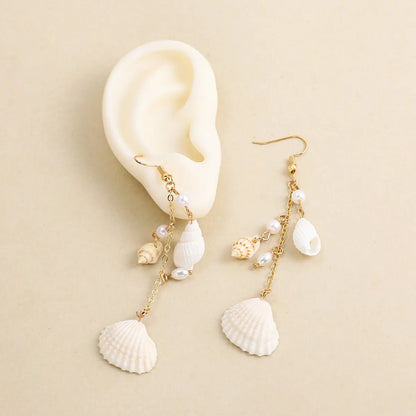 1 Pair Bohemian Beach Tropical Conch Shell Pearl Alloy Drop Earrings