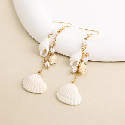 1 Pair Bohemian Beach Tropical Conch Shell Pearl Alloy Drop Earrings