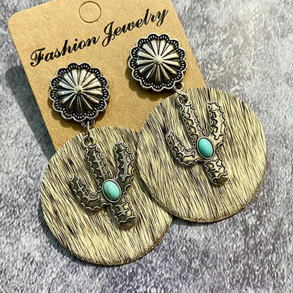 1 Pair Bohemian Cactus Alloy Leather Inlay Turquoise Women's Drop Earrings