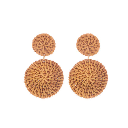 1 Pair Bohemian Classic Style Geometric Round Rhombus Braid Wood Drop Earrings