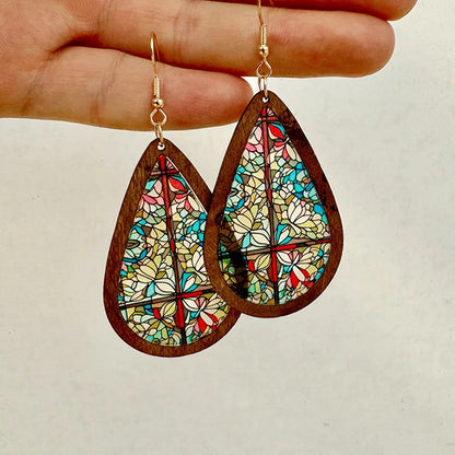 1 Pair Bohemian Classic Style Geometric Water Droplets Flower Arylic Wood Drop Earrings