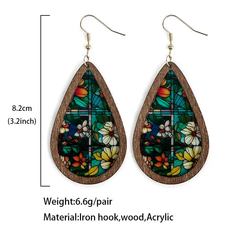 1 Pair Bohemian Classic Style Geometric Water Droplets Flower Arylic Wood Drop Earrings