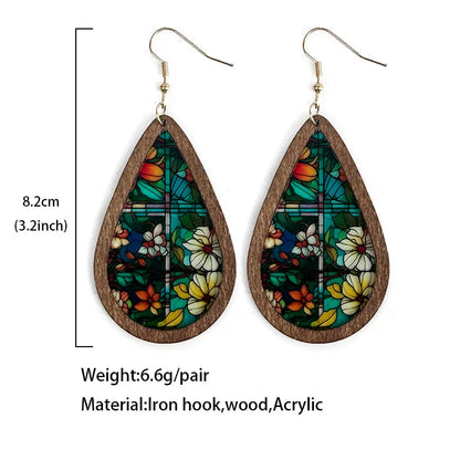 1 Pair Bohemian Classic Style Geometric Water Droplets Flower Arylic Wood Drop Earrings