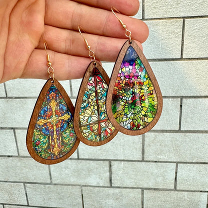 1 Pair Bohemian Classic Style Geometric Water Droplets Flower Arylic Wood Drop Earrings