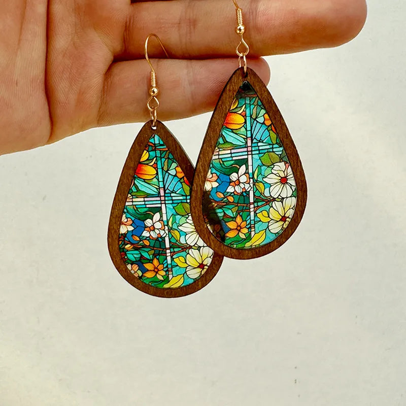 1 Pair Bohemian Classic Style Geometric Water Droplets Flower Arylic Wood Drop Earrings