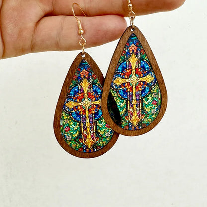 1 Pair Bohemian Classic Style Geometric Water Droplets Flower Arylic Wood Drop Earrings