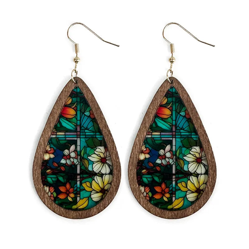 1 Pair Bohemian Classic Style Geometric Water Droplets Flower Arylic Wood Drop Earrings