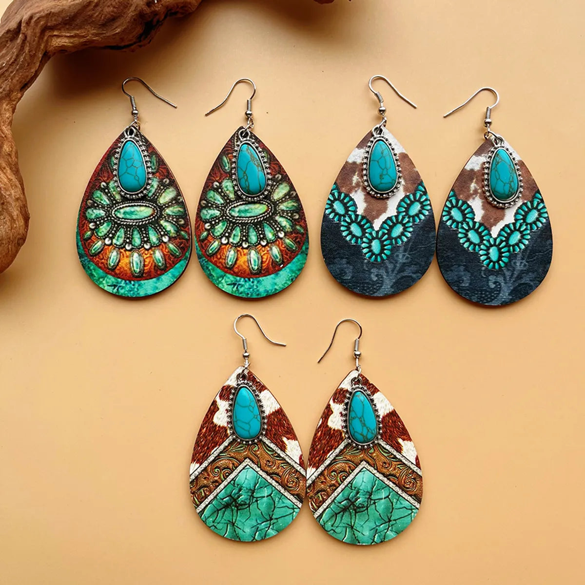 1 Pair Bohemian Classic Style Streetwear Geometric Color Block Water Droplets Plating Inlay Alloy Wood Turquoise Drop Earrings