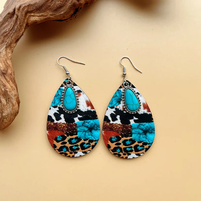 1 Pair Bohemian Classic Style Streetwear Geometric Color Block Water Droplets Plating Inlay Alloy Wood Turquoise Drop Earrings