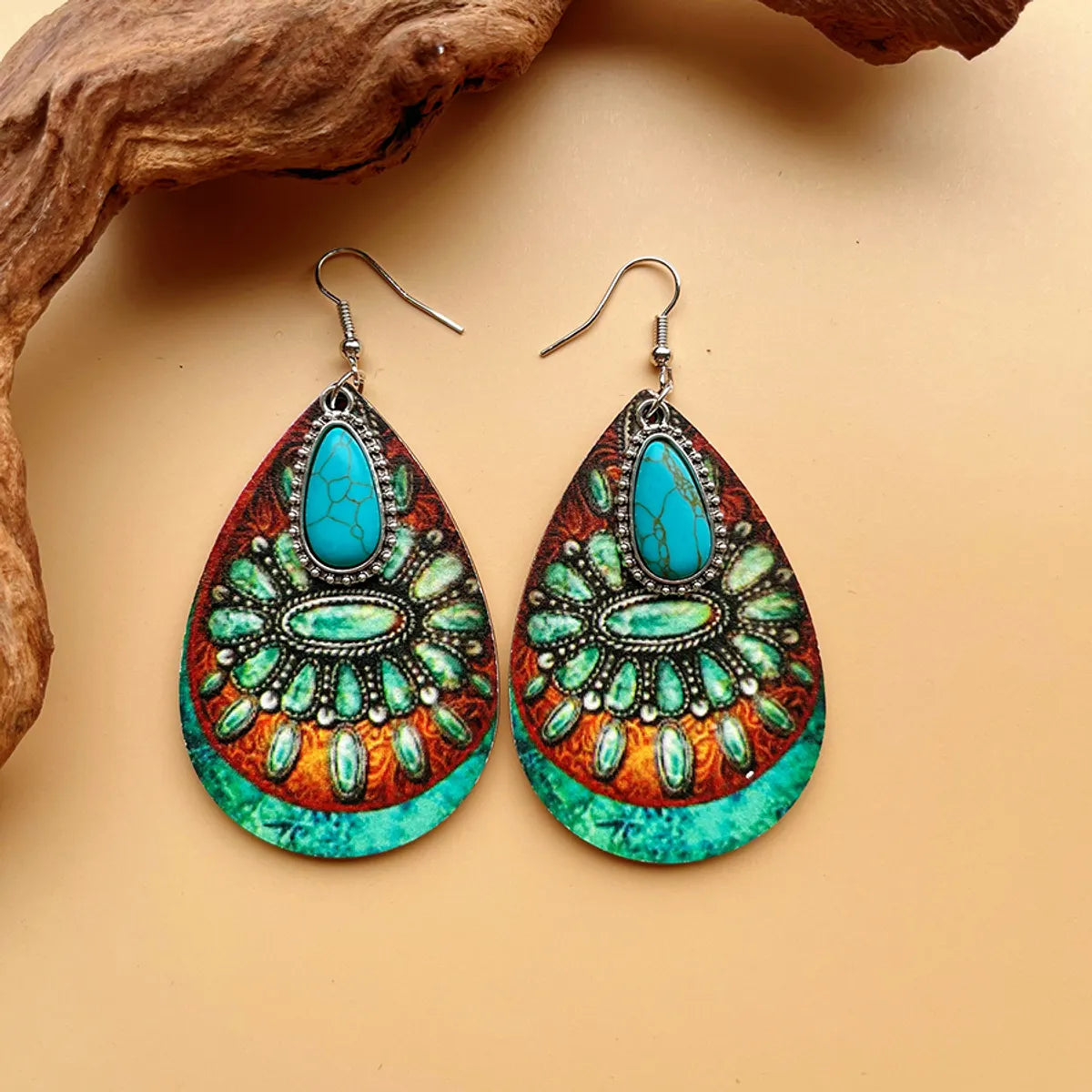 1 Pair Bohemian Classic Style Streetwear Geometric Color Block Water Droplets Plating Inlay Alloy Wood Turquoise Drop Earrings