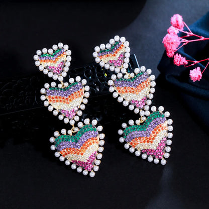 1 Pair Bohemian Color Block Heart Shape Plating Inlay Copper Artificial Gemstones Artificial Pearls Rhodium Plated Silver Plated Drop Earrings